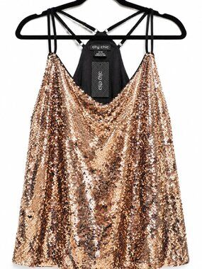 City Chic Glimmer Sequin Cami Top M 18W Blush Rose Gold Plus Size NWT